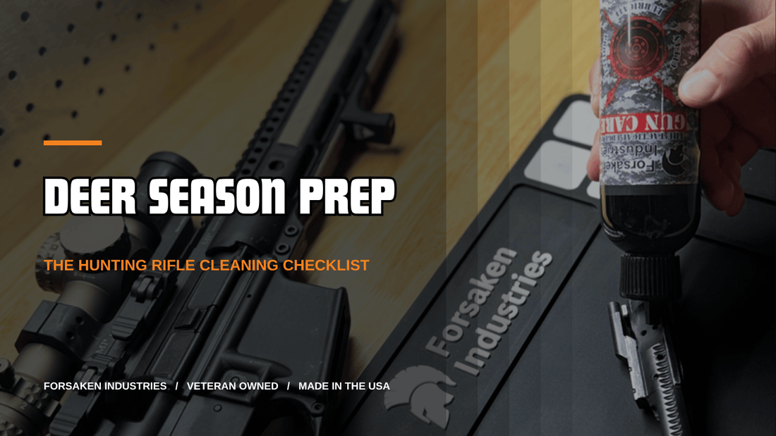 Deer season prep: Forsaken Industries CLP applied to a scoped hunting rifle bolt carrier on a cleaning mat