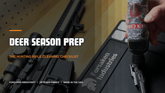 Deer season prep: Forsaken Industries CLP applied to a scoped hunting rifle bolt carrier on a cleaning mat