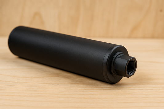 AR-15 rifle with suppressor and EOTech optic resting on wooden table – Forsaken Industries guide on how to clean a suppressor
