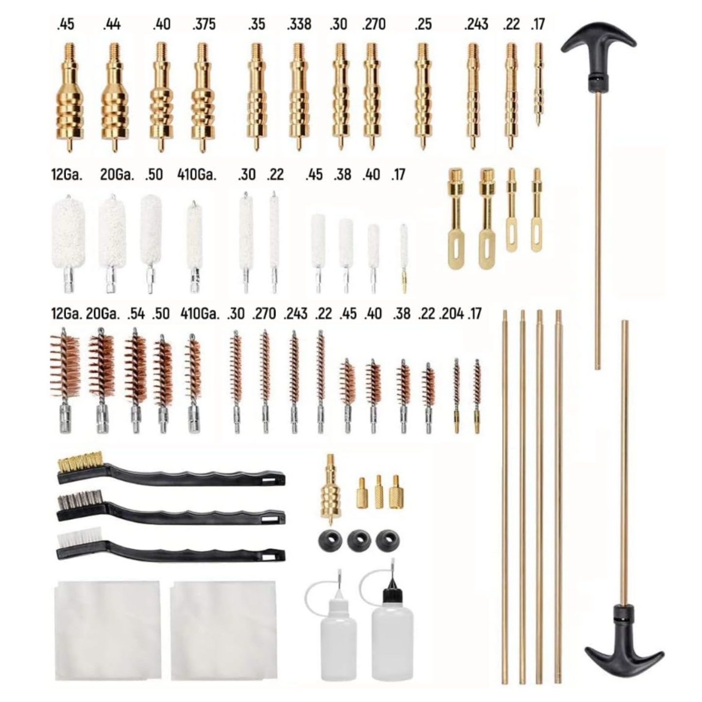 Forsaken Industries Universal Gun Cleaning Kit components organized by caliber and gauge for complete firearm maintenance