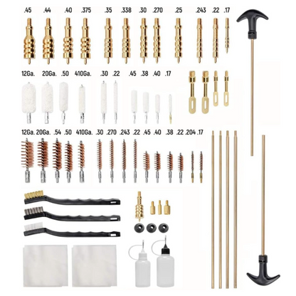 Forsaken Industries Universal Gun Cleaning Kit components organized by caliber and gauge for complete firearm maintenance