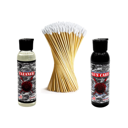 Forsaken Industries Essential Gun Care Kit Bundle with CLP 4oz Squeeze Bottle, Carbon Cleaner 4oz Squeeze Bottle, and 100x 6-Inch Pointed Bamboo Cotton Swabs