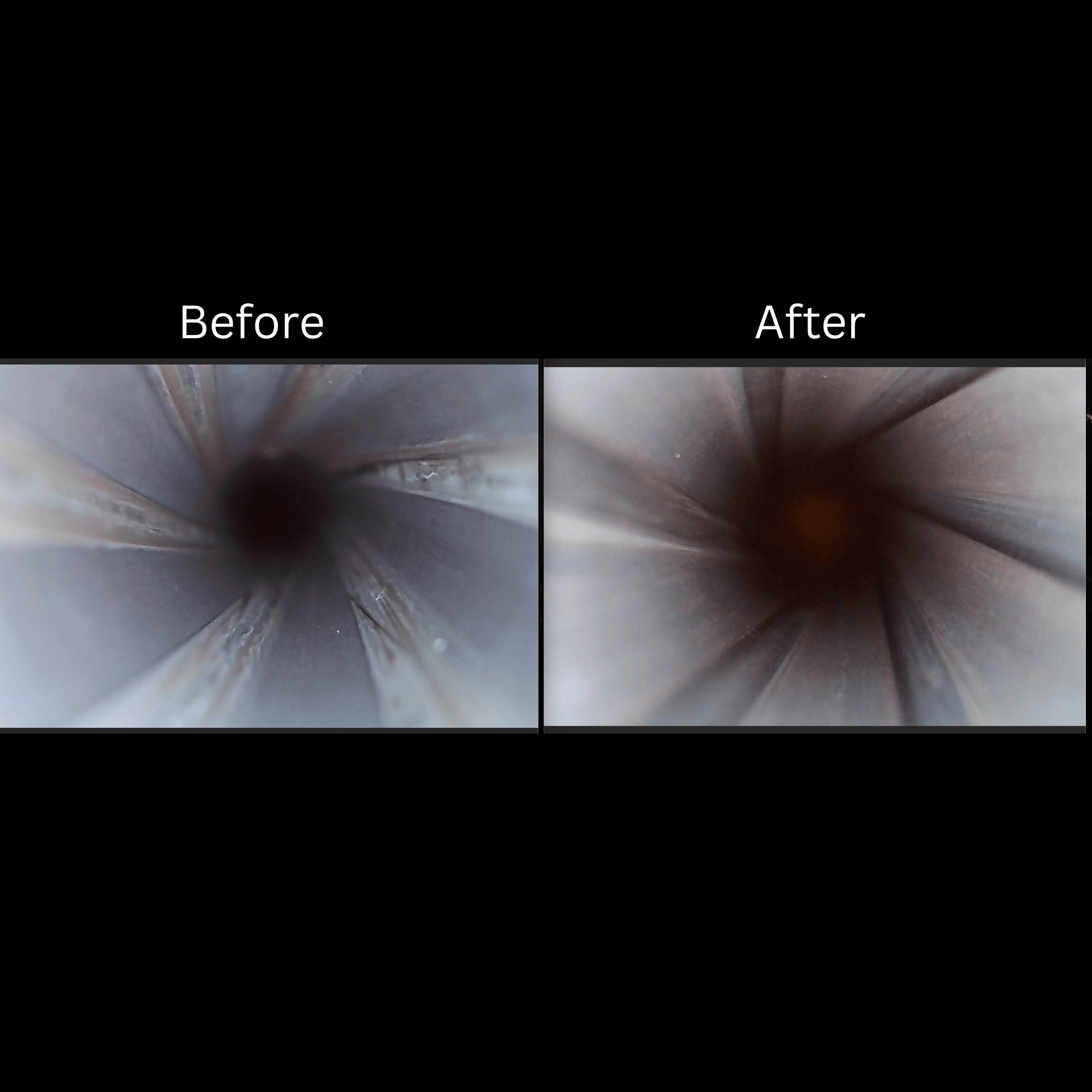 Before and after comparison of rifle barrel bore using Forsaken Industries Carbon Cleaner to remove carbon fouling and restore clarity
