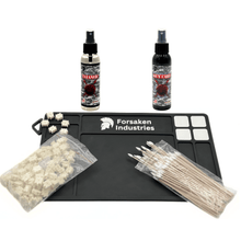 Forsaken Industries Advanced Gun Maintenance Bundle with CLP 4oz Pump Sprayer, Carbon Cleaner 4oz Pump Sprayer, 100x 6-Inch Bamboo Cotton Swabs, Wool Star Chamber Cleaning Pads with Brass Rod Adapter, and Magnetic Weapons Cleaning Mat