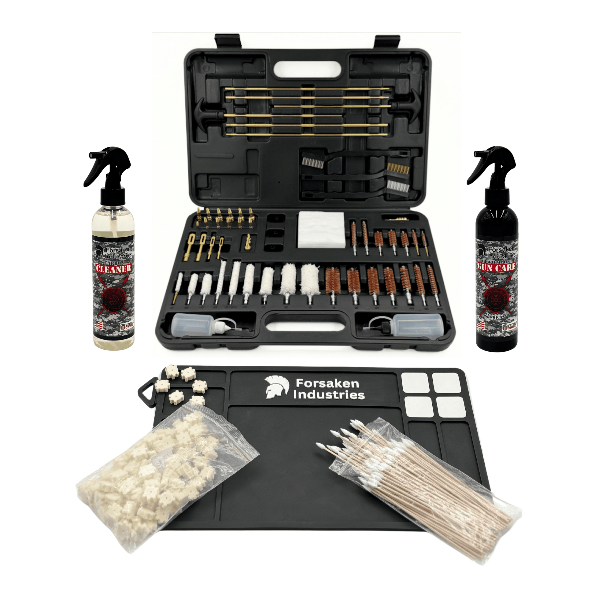 Forsaken Industries Complete Firearm Cleaning System with Universal Gun Cleaning Kit, CLP 8oz Trigger Sprayer, Carbon Cleaner 8oz Trigger Sprayer, Magnetic Weapons Cleaning Mat, Wool Star Chamber Cleaning Pads, and 6-Inch Bamboo Cotton Swabs