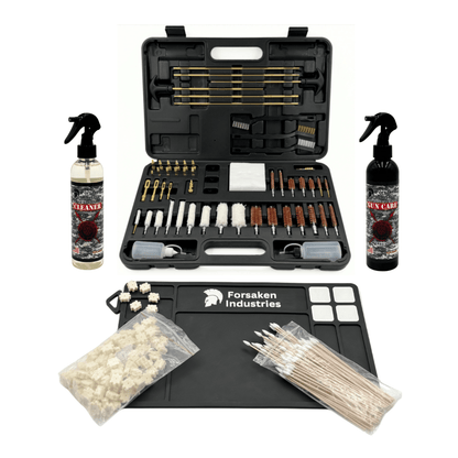 Forsaken Industries Complete Firearm Cleaning System with Universal Gun Cleaning Kit, CLP 8oz Trigger Sprayer, Carbon Cleaner 8oz Trigger Sprayer, Magnetic Weapons Cleaning Mat, Wool Star Chamber Cleaning Pads, and 6-Inch Bamboo Cotton Swabs